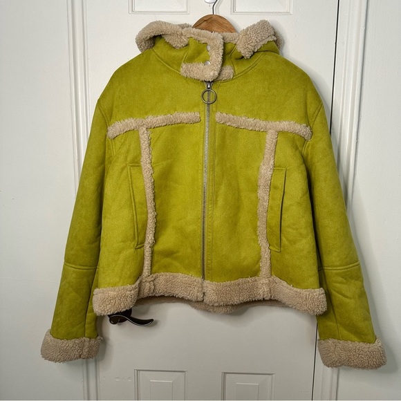 Urban Outfitters Green Amelie Faux Shearling Cropped Hooded Jacket Sherpa XXL - Picture 5 of 10